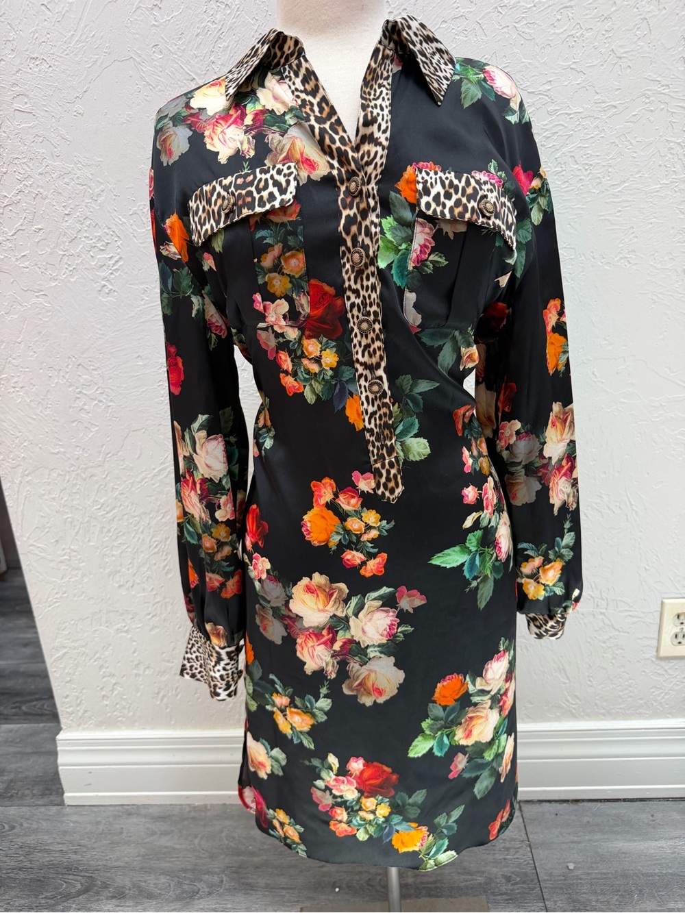 Teri Jon Black Floral Satin Shirt Dress with Leopard Trim Accents